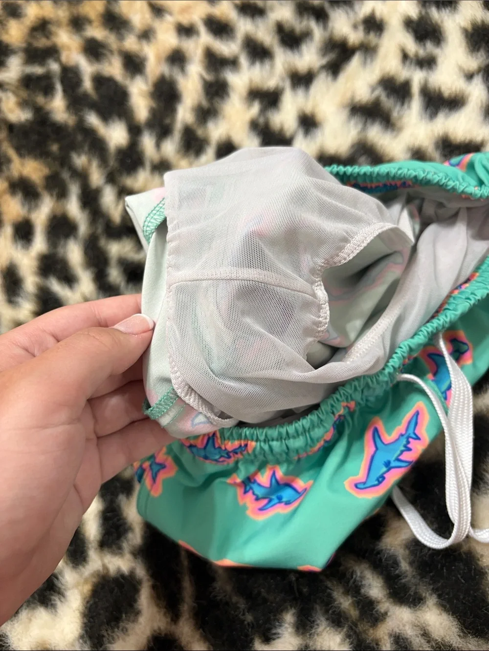 chubbies Teal Swim Trunks with Blue & Pink Shark Pattern